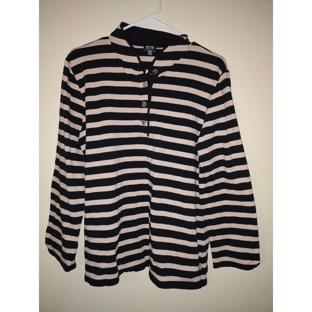 ANNE KLEIN SPORT‎ Striped Long Sleeve Henley Shirt Womens XL Black Tan